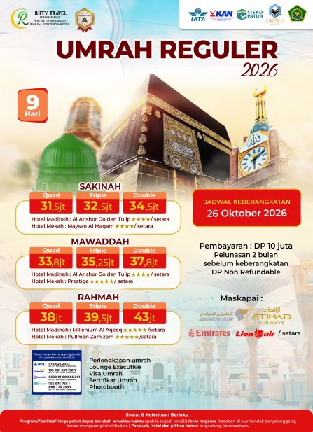 UMRAH REGULER 9 H - TRANSIT - SAKINAH  (OKTOBER 2026)