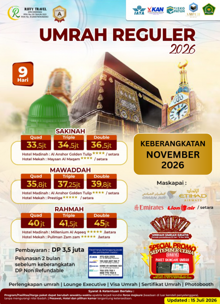 UMRAH REGULER 9 H - TRANSIT - SAKINAH  (NOVEMBER 2026)