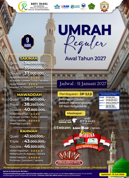 UMRAH REGULER 9H - MAWADDAH - 31 JANUARI 2027