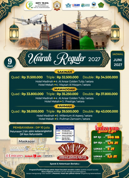 UMRAH REGULER 9 H - TRANSIT - RAHMAH - ( JUNI 2027 )