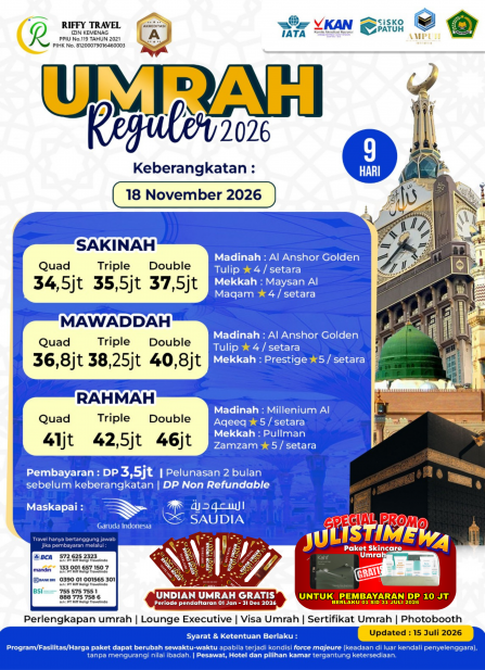 UMRAH REGULER 9 H - DIRECT - SAKINAH - NOVEMBER 2026