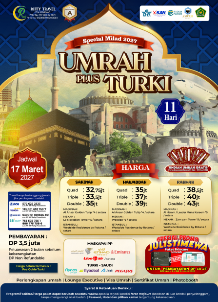 UMRAH PLUS TURKEY MILAD 11H - SAKINAH ( MARET 2027)