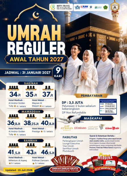 UMRAH REGULER 9H - MAWADDAH - 31 JANUARI 2027