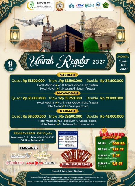 UMRAH REGULER 9 H - TRANSIT - RAHMAH - ( JUNI 2027 )