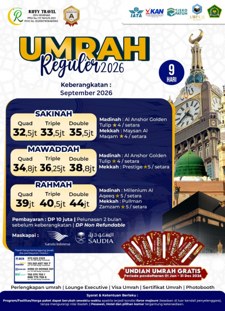 UMRAH REGULER 9 H - DIRECT - RAHMAH- SEPTEMBER 2026