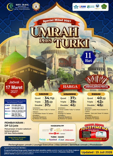 UMRAH PLUS TURKEY MILAD 11H - SAKINAH ( 17 MARET 2027)