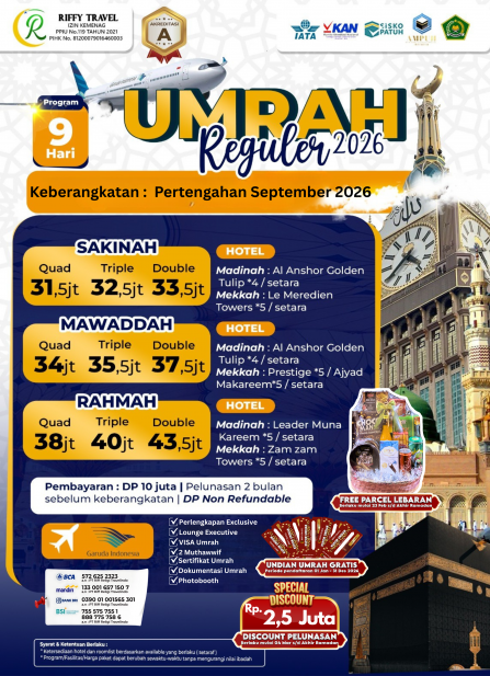 UMRAH REGULER 9 H - DIRECT - SAKINAH - SEPTEMBER 2026
