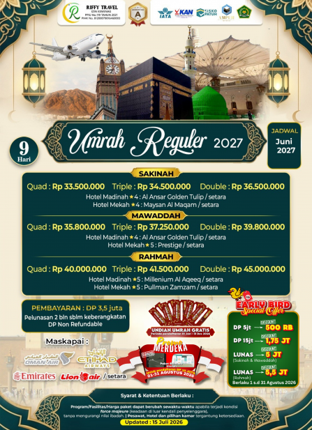 UMRAH REGULER 9 H - TRANSIT - SAKINAH (JUNI 2027)