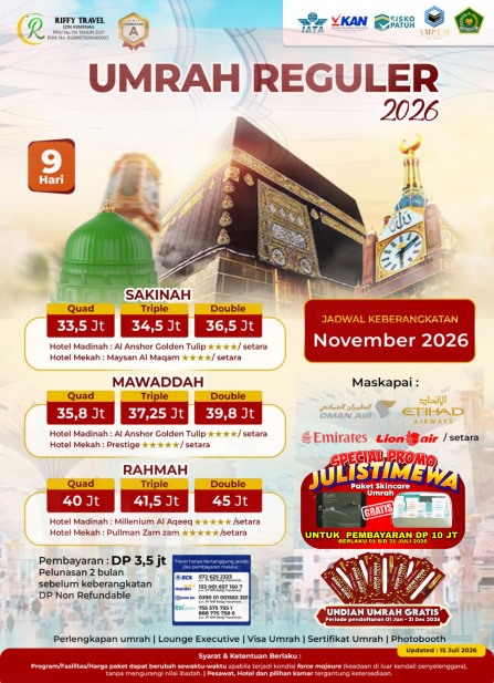 UMRAH REGULER 9 H - TRANSIT - RAHMAH- NOVEMBER 2026