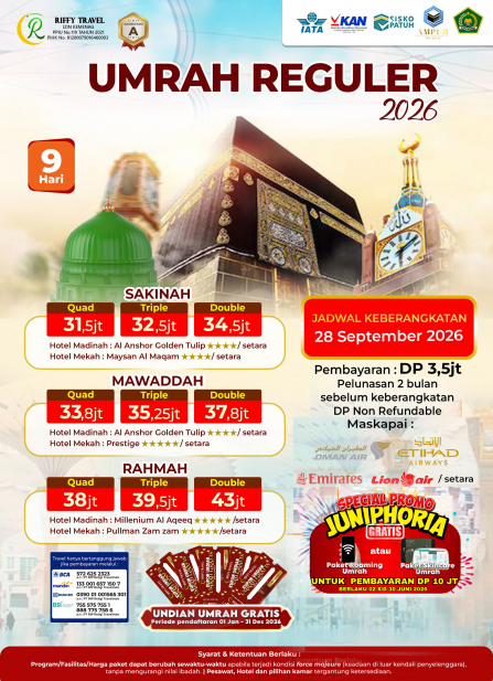 UMRAH REGULER 9 H - TRANSIT - MAWADDAH (SEPTEMBER 2026)