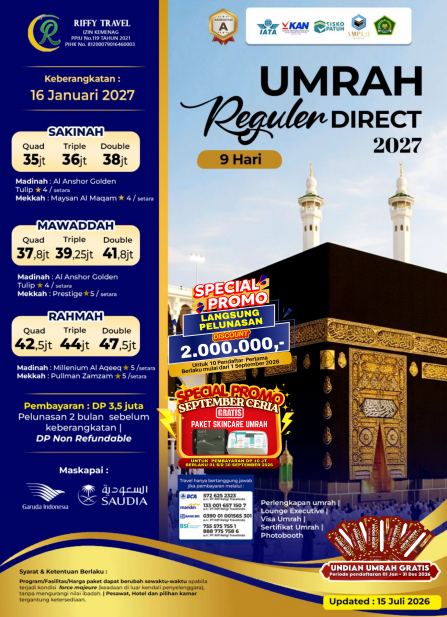 UMRAH REGULER 9H - MAWADDAH - 16 JANUARI 2027