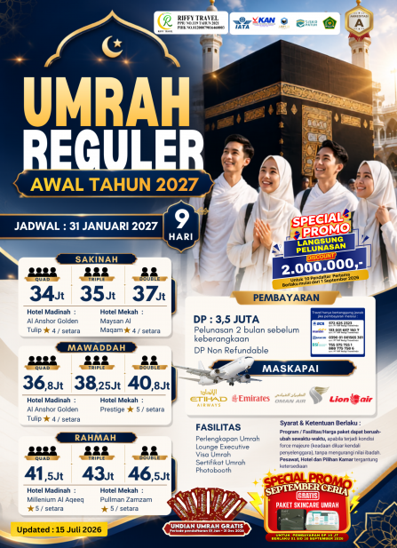 UMRAH REGULER 9H - MAWADDAH - 31 JANUARI 2027