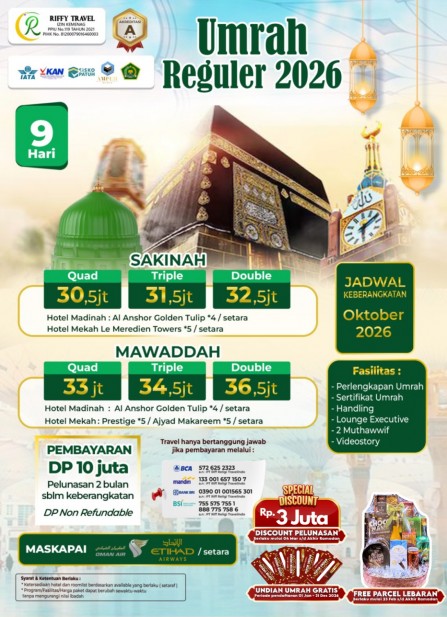 UMRAH REGULER 9 H - TRANSIT - SAKINAH  (AWAL OKTOBER 2026)