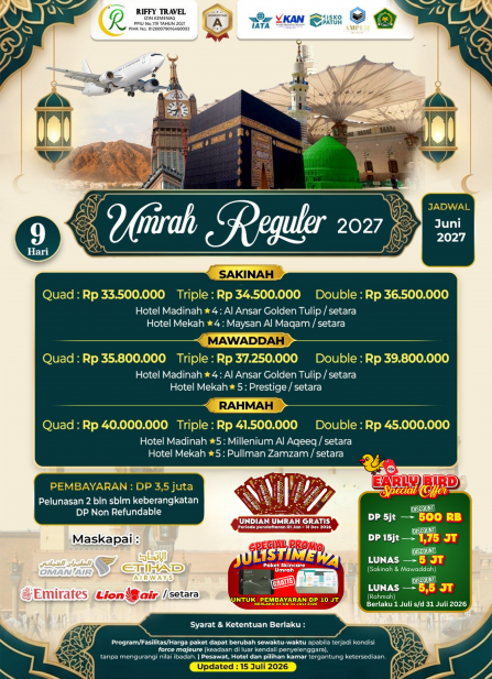 UMRAH REGULER 9 H - TRANSIT - MAWADDAH (JUNI 2027)