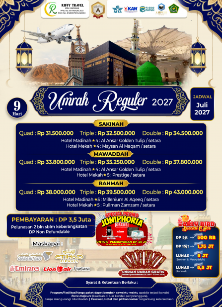 UMRAH REGULER 9 H - TRANSIT - SAKINAH ( JULI 2027)