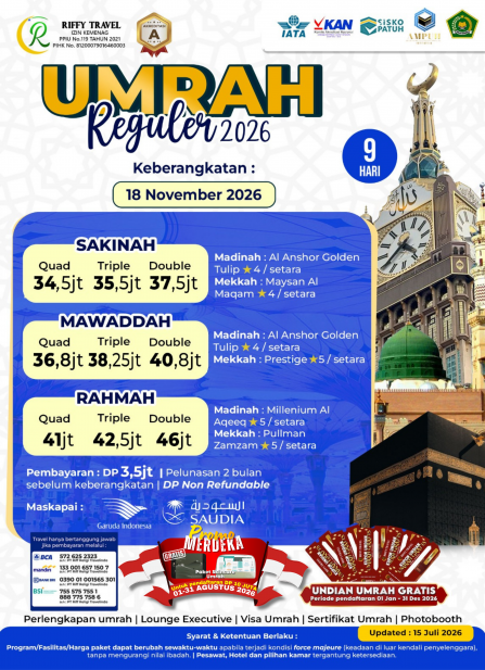 UMRAH REGULER 9 H - DIRECT - SAKINAH - NOVEMBER 2026