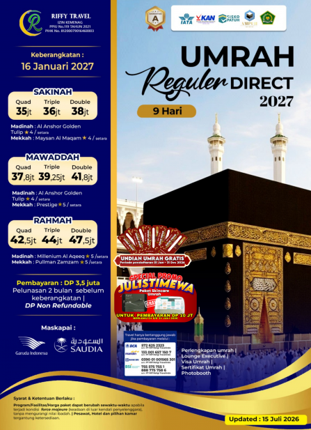 UMRAH REGULER 9H - SAKINAH - 16 JANUARI 2027