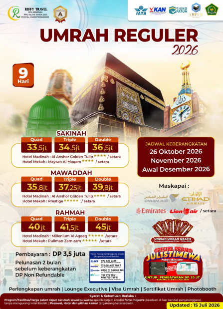 UMRAH REGULER 9 H - TRANSIT - RAHMAH- OKTOBER 2026