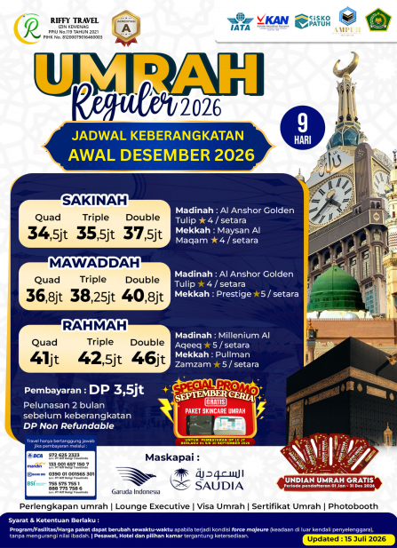 UMRAH REGULER 9 H - DIRECT - MAWADDAH - DESEMBER 2026