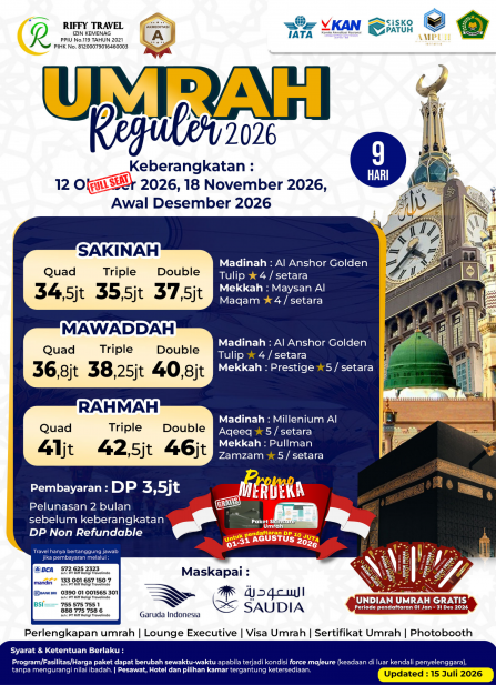 UMRAH REGULER 9 H - DIRECT - SAKINAH - AGUSTUS 2026 