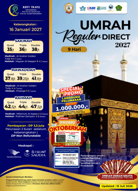 UMRAH REGULER 9H - MAWADDAH - 16 JANUARI 2027