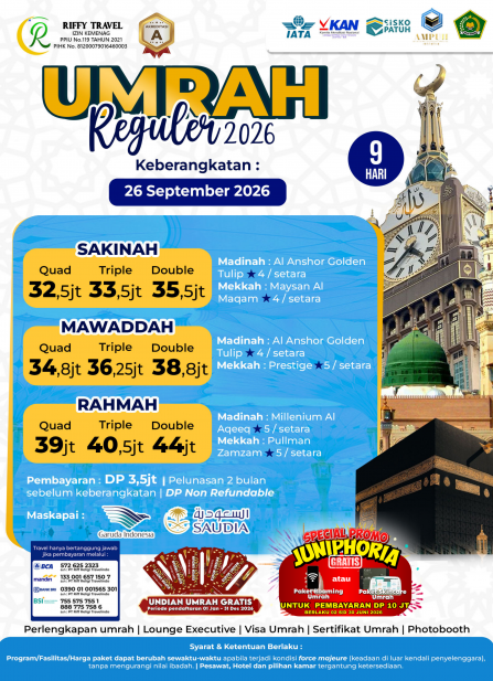 UMRAH REGULER 9 H - DIRECT - SAKINAH - SEPTEMBER 2026