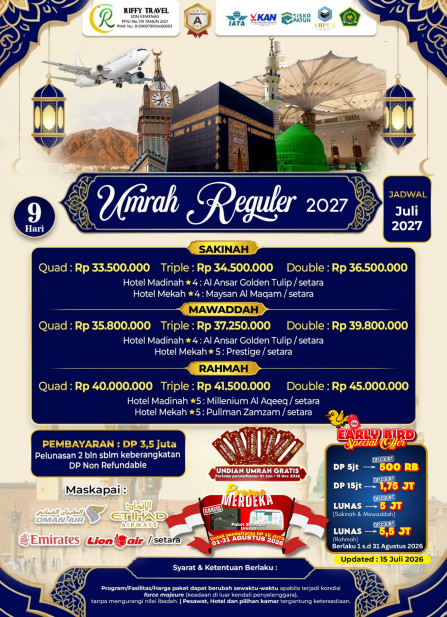 UMRAH REGULER 9 H - TRANSIT - MAWADDAH (JULI 2027)