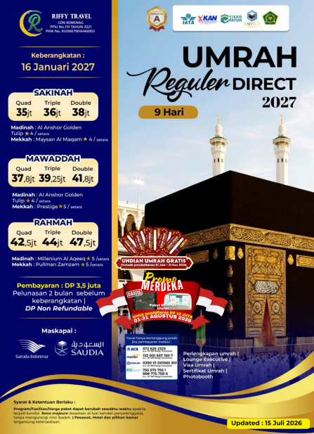 UMRAH REGULER 9H - SAKINAH - 16 JANUARI 2027