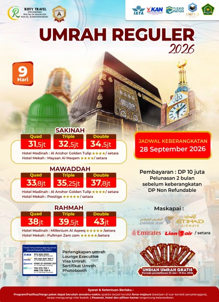 UMRAH REGULER 9 H - TRANSIT - SAKINAH  (SEPTEMBER 2026)