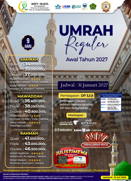 UMRAH REGULER 9H - MAWADDAH - 31 JANUARI 2027