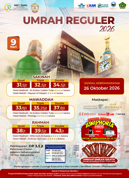 UMRAH REGULER 9 H - TRANSIT - MAWADDAH  (OKTOBER 2026)