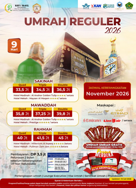 UMRAH REGULER 9 H - TRANSIT - RAHMAH- NOVEMBER 2026