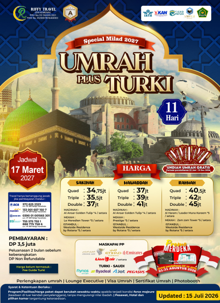 UMRAH PLUS TURKEY MILAD 11H - SAKINAH ( 17 MARET 2027)
