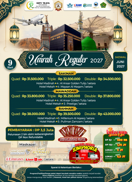 UMRAH REGULER 9 H - TRANSIT - MAWADDAH (JUNI 2027)