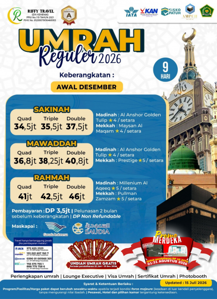 UMRAH REGULER 9 H - DIRECT - RAHMAH- DESEMBER 2026