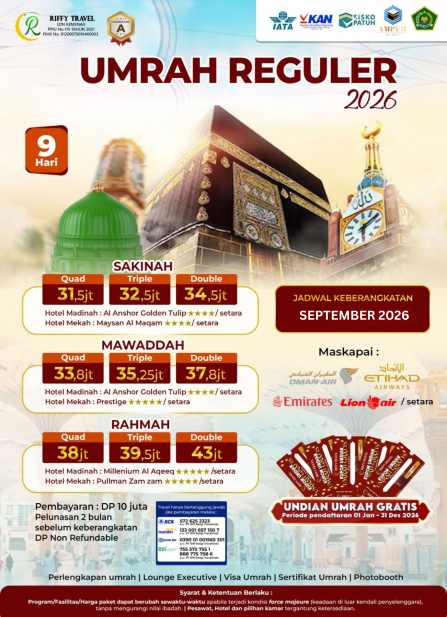 UMRAH REGULER 9 H - TRANSIT - SAKINAH  (SEPTEMBER 2026)
