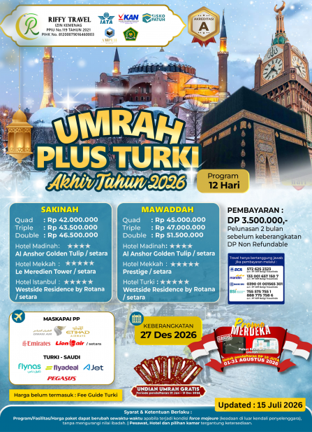 UMRAH PLUS TURKEY 12 HARI - MAWADDAH - AKHIR TAHUN 2026
