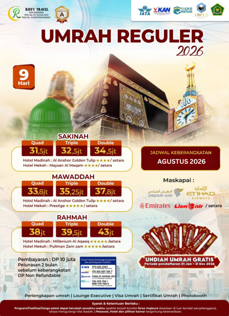 UMRAH REGULER 9 H - TRANSIT - SAKINAH ( AGUSTUS 2026)