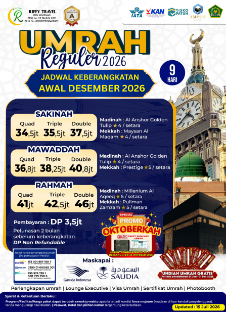 UMRAH REGULER 9 H - DIRECT - MAWADDAH - DESEMBER 2026