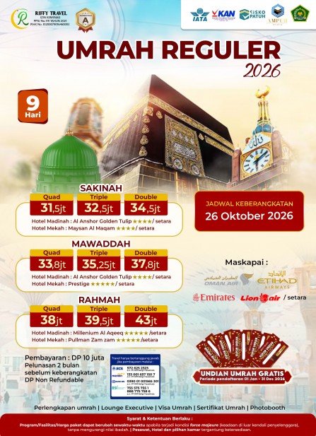 UMRAH REGULER 9 H - TRANSIT - SAKINAH  (OKTOBER 2026)