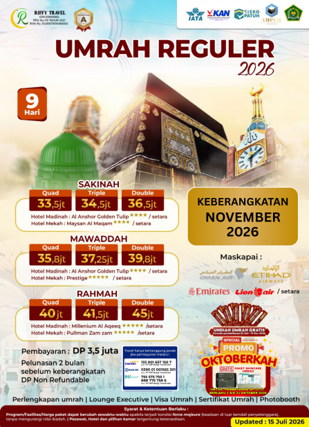 UMRAH REGULER 9 H - TRANSIT - SAKINAH  (NOVEMBER 2026)
