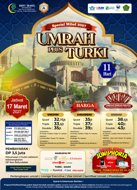 UMRAH PLUS TURKEY MILAD 11H - SAKINAH ( MARET 2027)