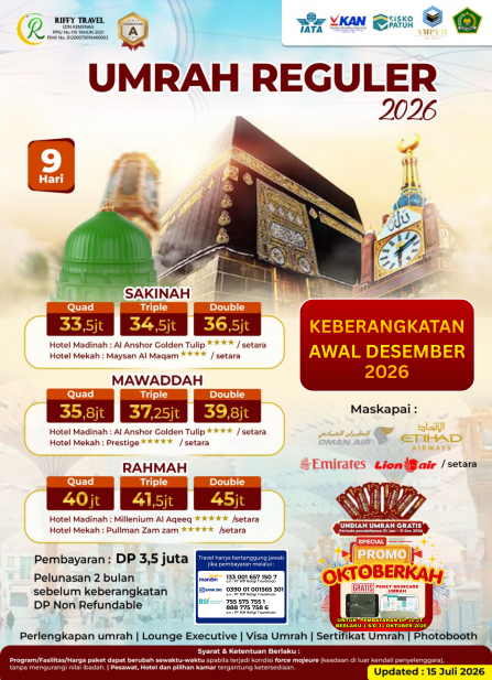 UMRAH REGULER 9 H - TRANSIT - MAWADDAH  (AWAL DESEMBER 2026)