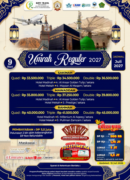 UMRAH REGULER 9 H - TRANSIT - SAKINAH (JULI 2027)