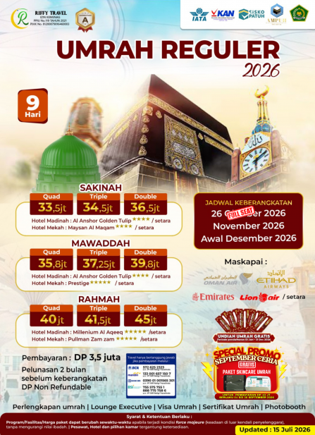 UMRAH REGULER 9 H - TRANSIT - MAWADDAH  (AWAL DESEMBER 2026)