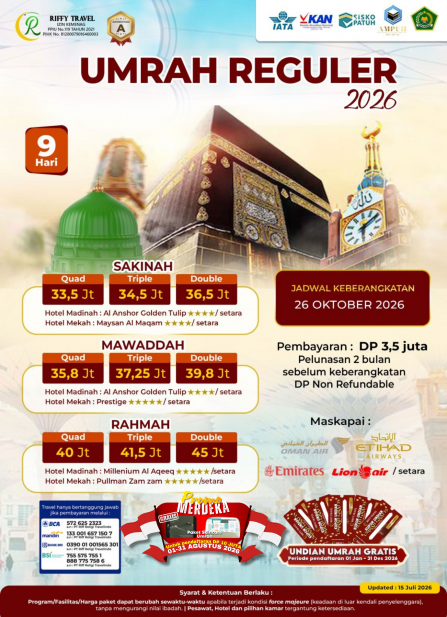 UMRAH REGULER 9 H - TRANSIT - MAWADDAH  (OKTOBER 2026)