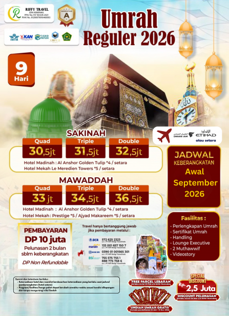 UMRAH REGULER 9 H - TRANSIT - SAKINAH  (AWAL SEPTEMBER 2026)