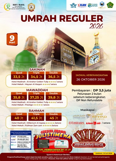 UMRAH REGULER 9 H - TRANSIT - MAWADDAH  (OKTOBER 2026)