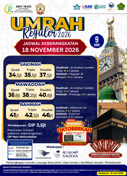 UMRAH REGULER 9 H - DIRECT - SAKINAH - NOVEMBER 2026